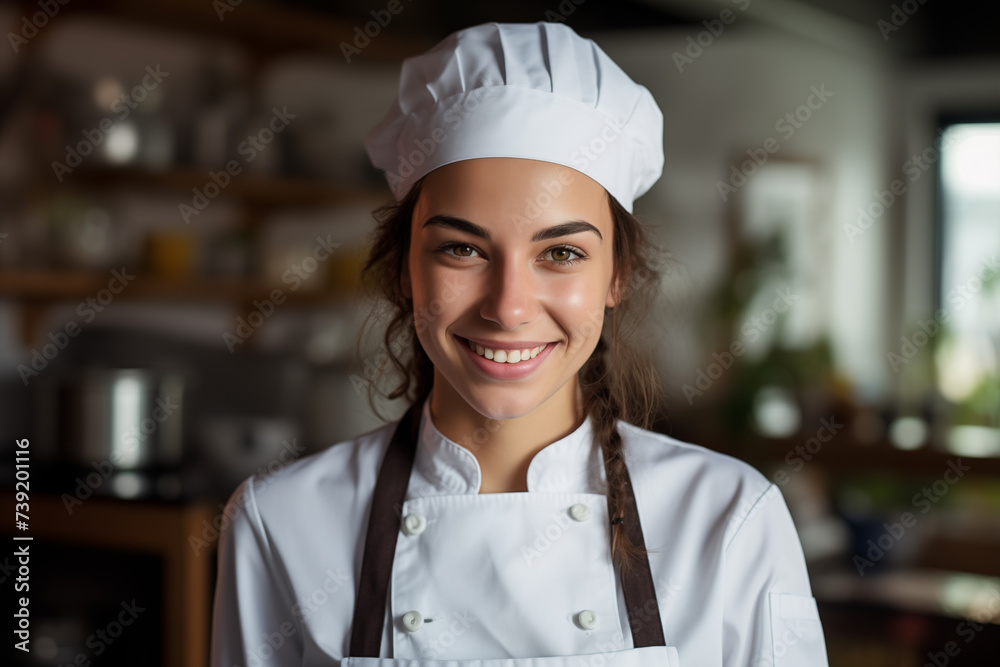 Young pretty brunette girl at indoors in chef uniform Young pretty brunette girl at indoors in chef uniform