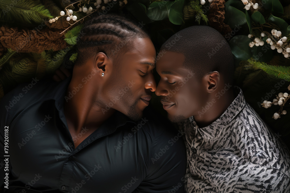 Fototapeta premium two young black men sleeping, flower background