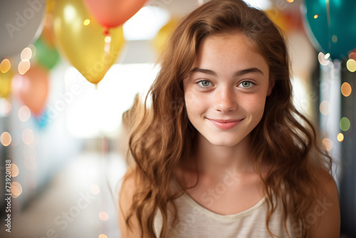 Young pretty brunette girl at indoors in a birthday party