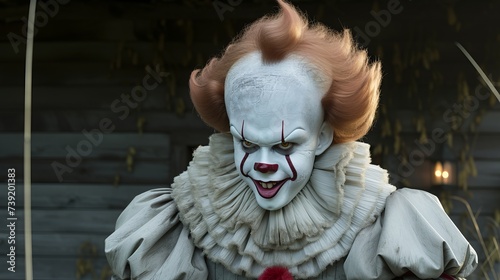 Sinister clown with haunting makeup, fiery hair, and a chilling gaze, evoking eerie suspense