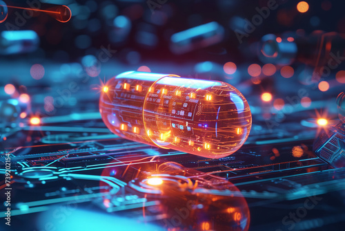 futuristic pills in a glass on a table, industrial medical futurism, pharmaceuticals, neon