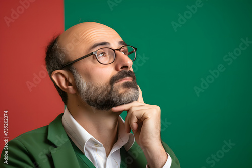 Cheerful italic office employee man in formal attire, deep in thought, isolated on bright green and white background.