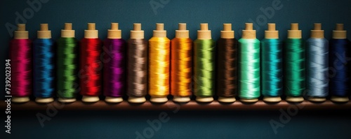 The photo captures a row of various colored spools of thread neatly lined up. Each spool reflects a different hue, creating a colorful array.