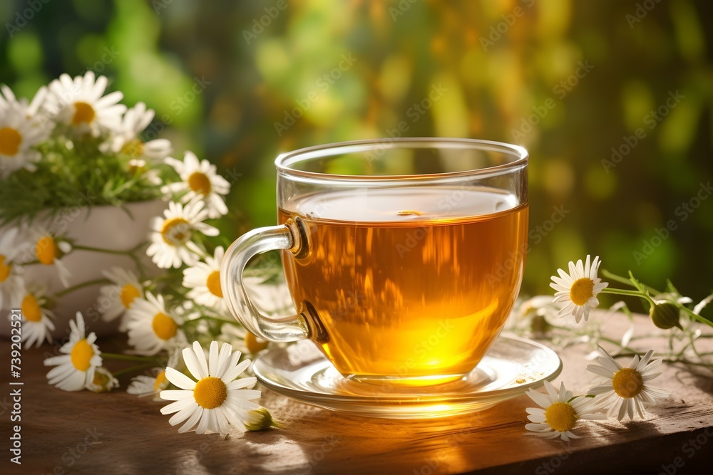Refreshing chamomile tea in a glass cup with beautiful chamomile flower backdrop. Concept Chamomile Tea, Glass Cup, Chamomile Flower, Refreshing Drink, Beautiful Backdrop Refreshing chamomile tea in a glass cup with beautiful chamomile flower backdrop. Concept Chamomile Tea, Glass Cup, Chamomile Flower, Refreshing Drink, Beautiful Backdrop
