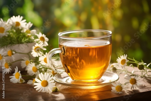 Refreshing chamomile tea in a glass cup with beautiful chamomile flower backdrop. Concept Chamomile Tea, Glass Cup, Chamomile Flower, Refreshing Drink, Beautiful Backdrop