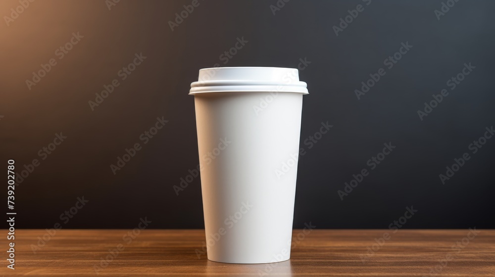 A mockup of a white coffee mug, White coffee to go cup on wooden table, mockup, Template with porcelain cup of tea for design of branding identity. Easy to change colour. Isolated from the background