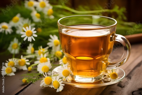 Soothing chamomile tea in a glass cup with a beautiful chamomile flower background. Concept Herbal Tea, Chamomile Flower, Relaxation, Beverage, Aromatherapy