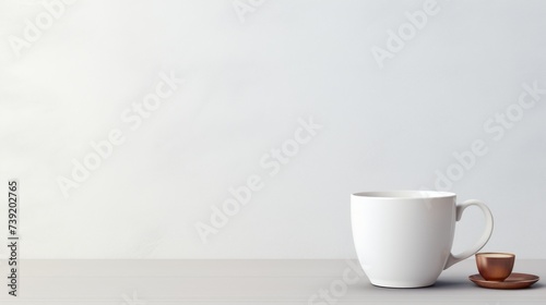 A mockup of a white coffee mug, White coffee to go cup on wooden table, mockup, Template with porcelain cup of tea for design of branding identity. Easy to change colour. Isolated from the background