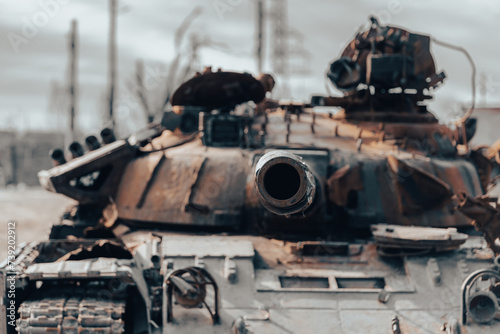 damaged military tank on a city street in Ukraine