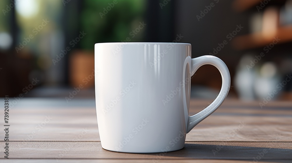 Obraz premium A mockup of a white coffee mug, White coffee to go cup on wooden table, mockup, Template with porcelain cup of tea for design of branding identity. Easy to change colour. Isolated from the background