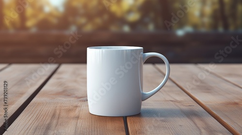 A mockup of a white coffee mug, White coffee to go cup on wooden table, mockup, Template with porcelain cup of tea for design of branding identity. Easy to change colour. Isolated from the background photo