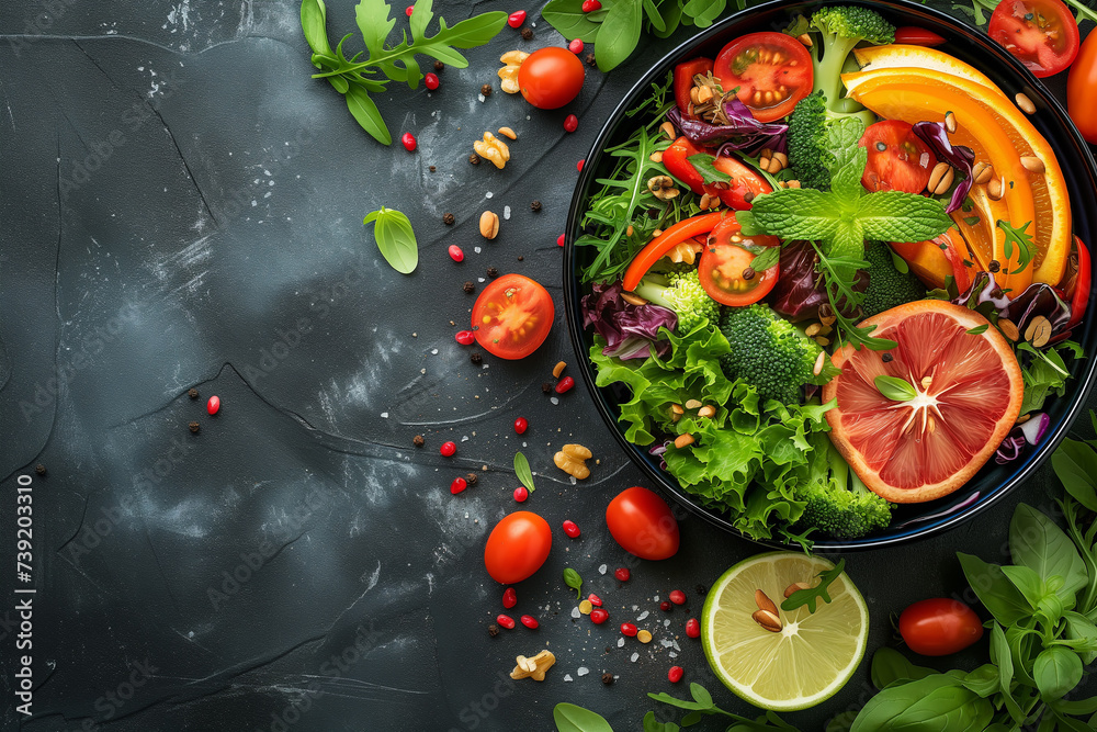 Food background with fresh vegetables assortment on a dark background. Healthy menu with healthy food top view Food background with fresh vegetables assortment on a dark background. Healthy menu with healthy food top view
