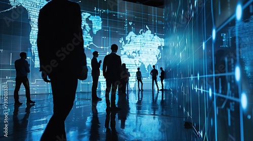Silhouettes of entrepreneurs on digital touchscreens  navigating through tech innovation landscapes