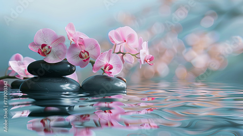 Beautiful black sea pebbles and pink orchid on a blue background