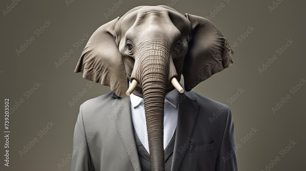 Anthropomorphic elephant in business suit working in corporate studio, plain wall with text space.