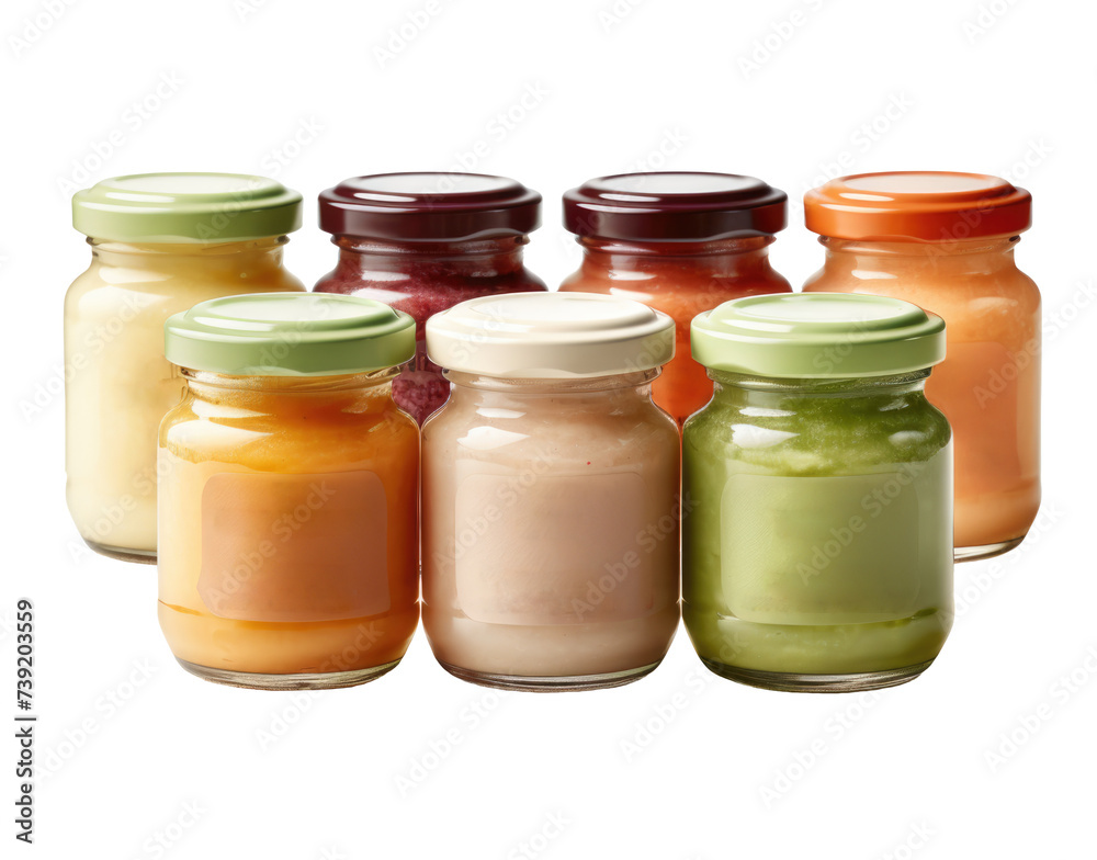 Baby Food Jars with blank labels Kid Puree porridge isolated on a cutout PNG transparent background Baby Food Jars with blank labels Kid Puree porridge isolated on a cutout PNG transparent background