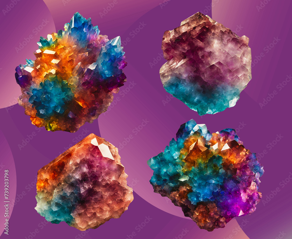 Four natural mineral  crystal clusters with a gradient purple background