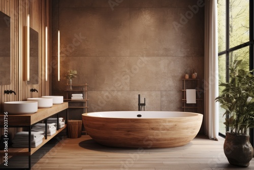 The photo showcases a spacious bathroom with a large wooden tub and two sinks  providing a luxurious and functional space for daily grooming and relaxation.