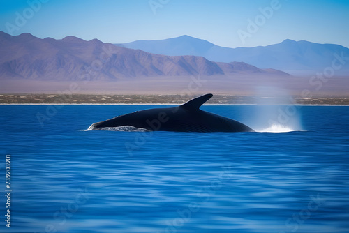 Majestic Whale Swimming With Mountainous Background © D
