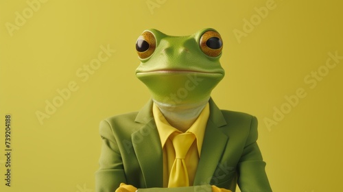 Frog in business suit pretending to work in corporate setting, studio shot with copy space