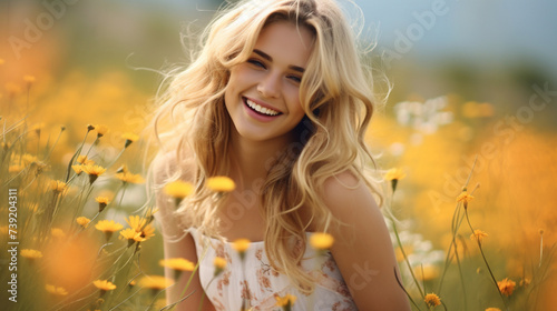 Smiling beautiful girl in the field with flowers. Sunny summer day. Forbs and wild flowers