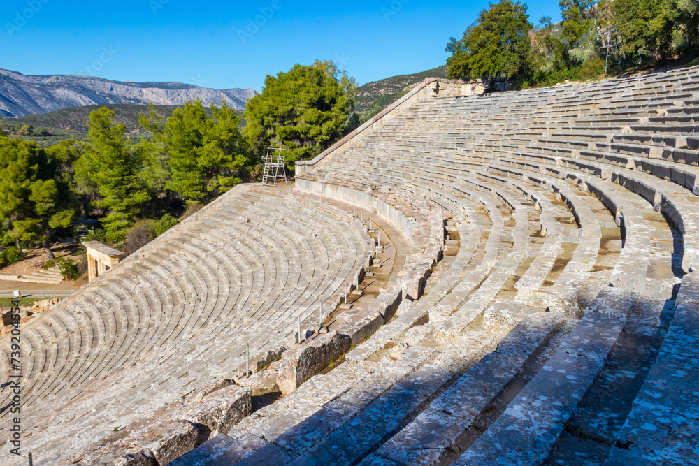 Ancient Theatre of Epidaurus is theatre in Greek city of Epidaurus, located on southeast end of sanctuary dedicated to the ancient Greek God of medicine, Asclepius in Peloponnese, Greece