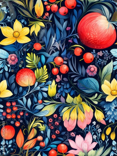 Watercolor Pattern of Flowers, Herbs, and Fruits