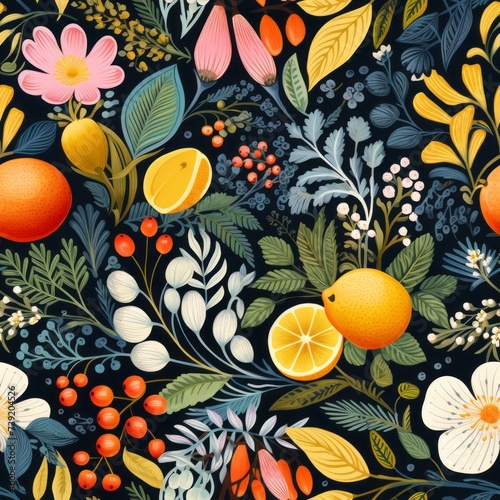 Watercolor Pattern of Flowers, Herbs, and Fruits