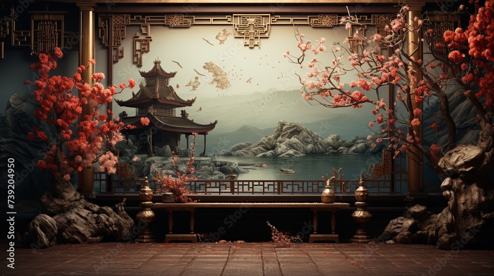 Ornate Stage Background with Japanese Elements