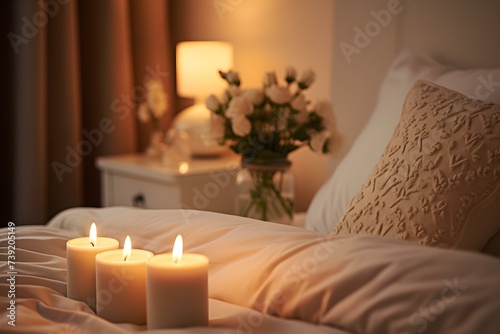 Brightly lit bedroom with a closeup of fragrant burning white candles. Concept Bedroom Decor, Candle Photography, Interior Design, Ambient Lighting, Aromatherapy