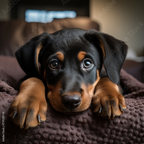 Sleepy Dobermann Puppy with Floppy Ears in a Soft Bed