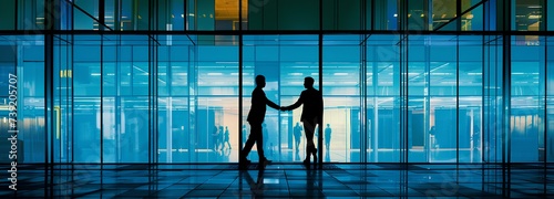 business people shaking hands over an office building. business meeting and partnership concept copy space. generative AI