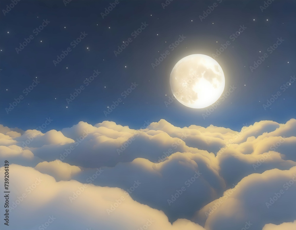 夜空に輝く満月と雲と星空。AI生成画像。