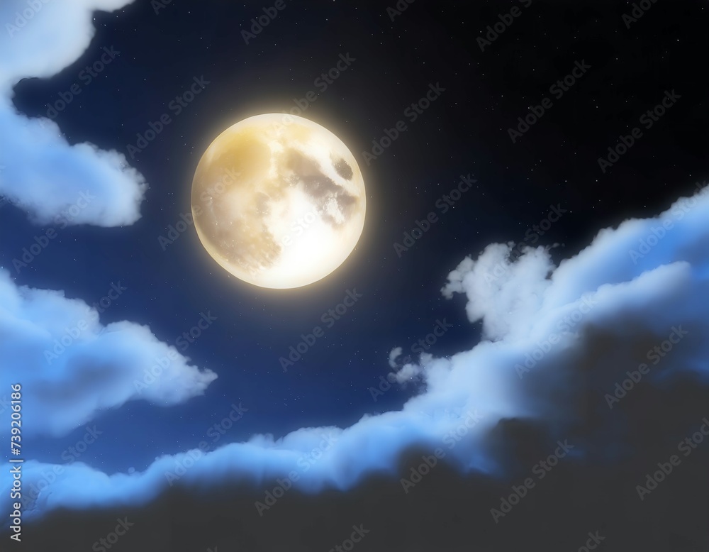 夜空に輝く満月と雲と星空。AI生成画像。