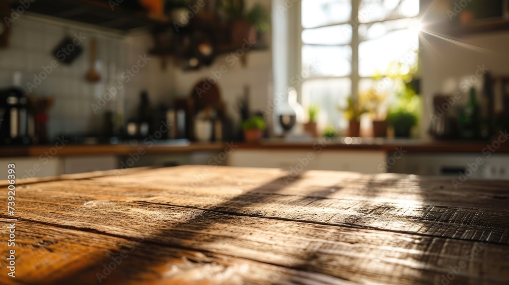 Morning Kitchen Ambiance: Wood Table Counter in Blur Interior with Bright Abstract Background