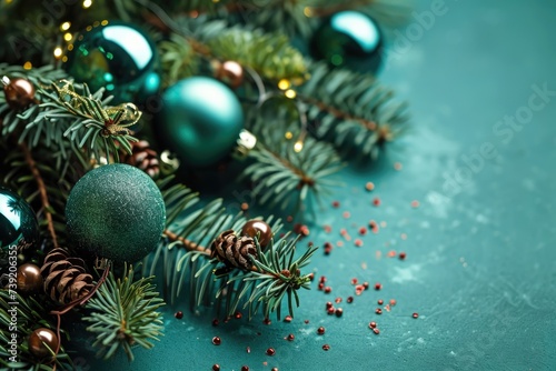 Colorful Christmas Tree Branches and Bauble Ornaments on Green Background