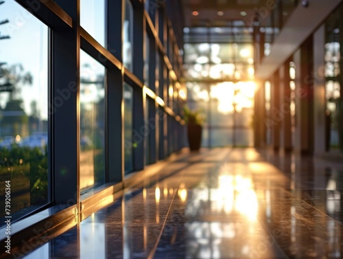 Corporate Interior: Blurred Office Lobby with Bokeh Lights and Glass Window