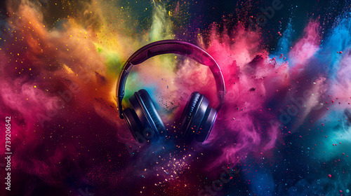 Vibrant World Music Day banner with sleek headphones amidst colorful abstract dust, symbolizing universal language & cultural diversity. photo