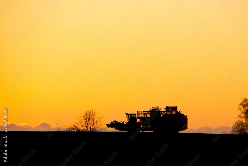 Sugar beet lifts in golden sunset in silhouette Sugar beet lifts in golden sunset in silhouette