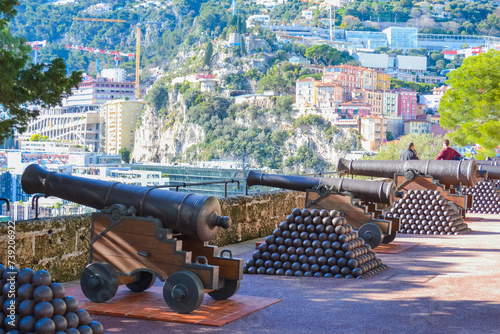 Principality of Monaco, Monaco, 13.2.2024: Historical site of the castle part of the city with historical replicas of cannons.