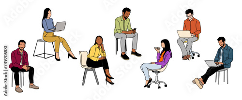 Business people sitting  taking part in meeting  business event. Set of Different female  male characters with laptop  smart phone. Collection of vector colored outline drawings isolated.