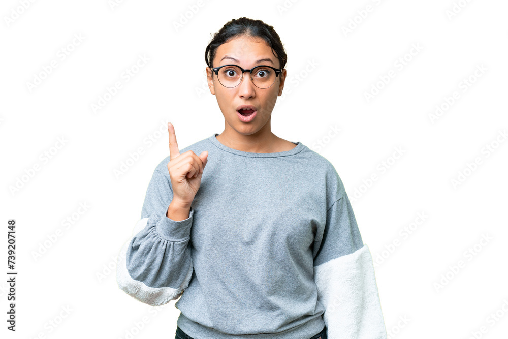 Young Uruguayan woman over isolated chroma key background intending to realizes the solution while lifting a finger up Young Uruguayan woman over isolated chroma key background intending to realizes the solution while lifting a finger up