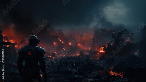 Battlefield in a futuristic war. Military clash on the streets of the city. Fire, explosions and soldiers with military equipment. AI-generated.