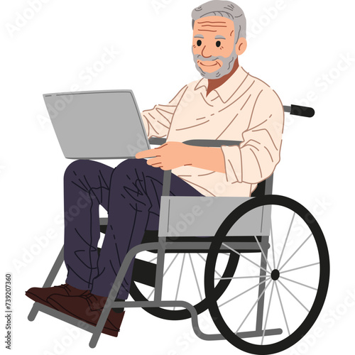 Grandfather patient sitting on wheelchair working with computer laptop illustration