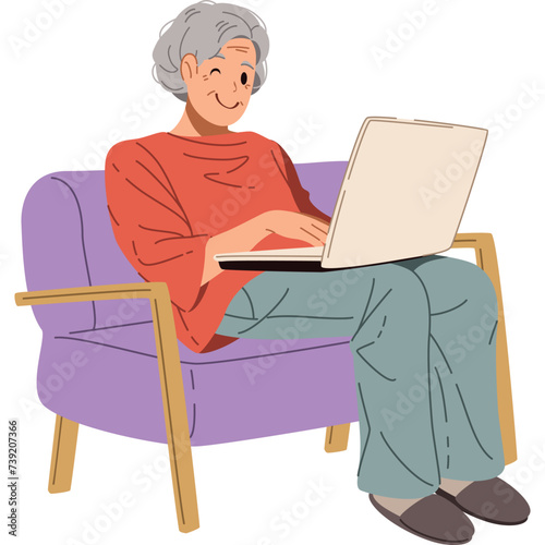 Grandmother working with computer laptop sitting on sofa illustration