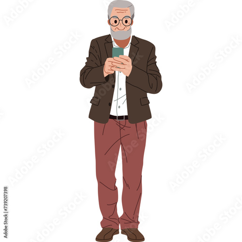 Senior man chat or sending message with mobile phone illustration