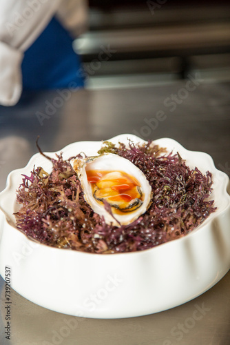 Chef prepara y aliña ostra cruda deliciosa gourmet en restaurante de lujo
