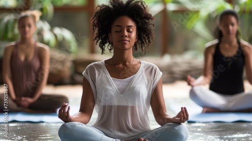 A serene woman in comfortable clothing finds inner peace as she meditates with closed eyes, feeling the calming effects of the water surrounding her during an outdoor yoga session