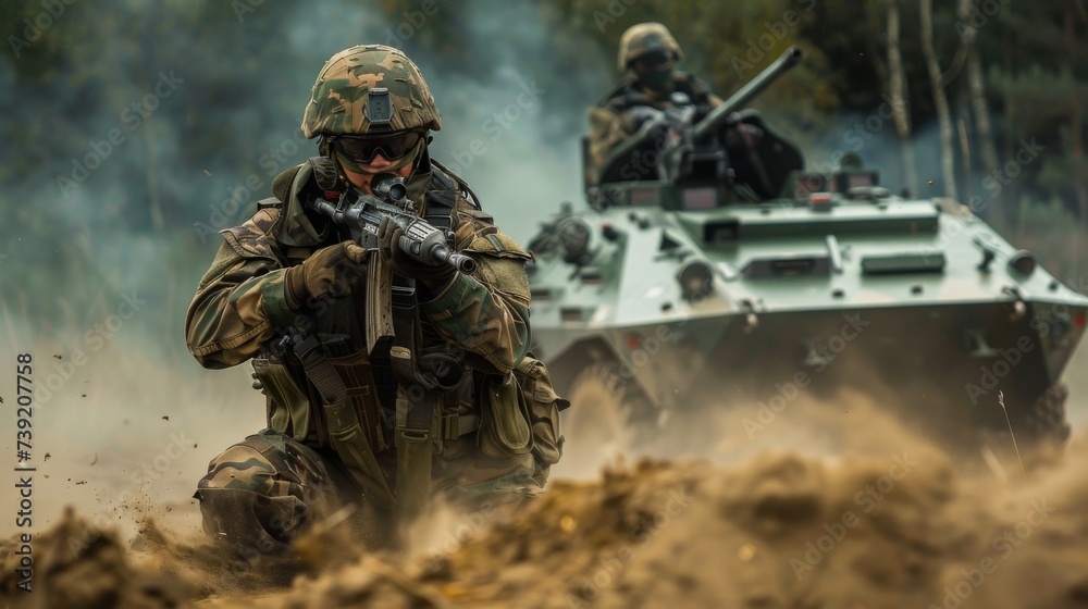 A brave soldier kneels in the midst of battle, camouflaged among the army's combat vehicles and armed with a powerful weapon, ready to defend their country with fierce determination