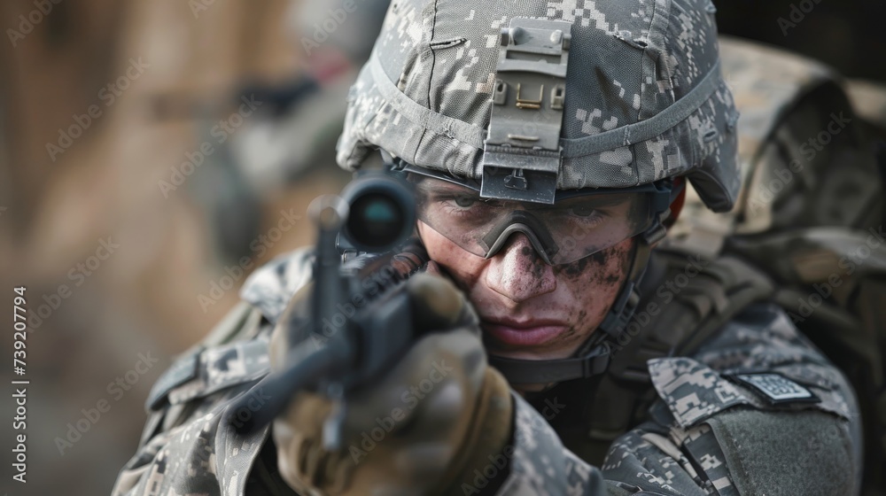 Fototapeta premium A camouflaged soldier grips his rifle, ready for combat in the rugged outdoor terrain, representing strength and determination in the face of danger